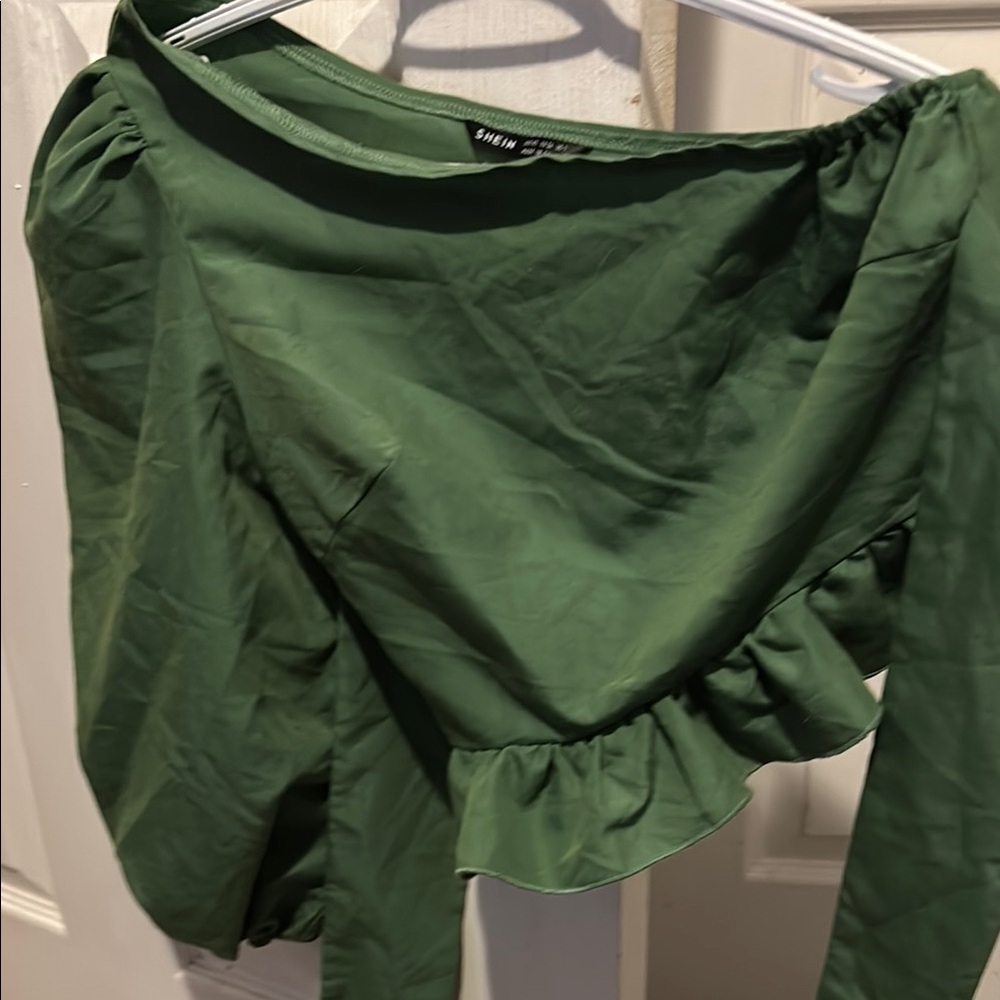 SHEIN Green Asymmetrical Ruffled Blouse 3/4 Sleeve